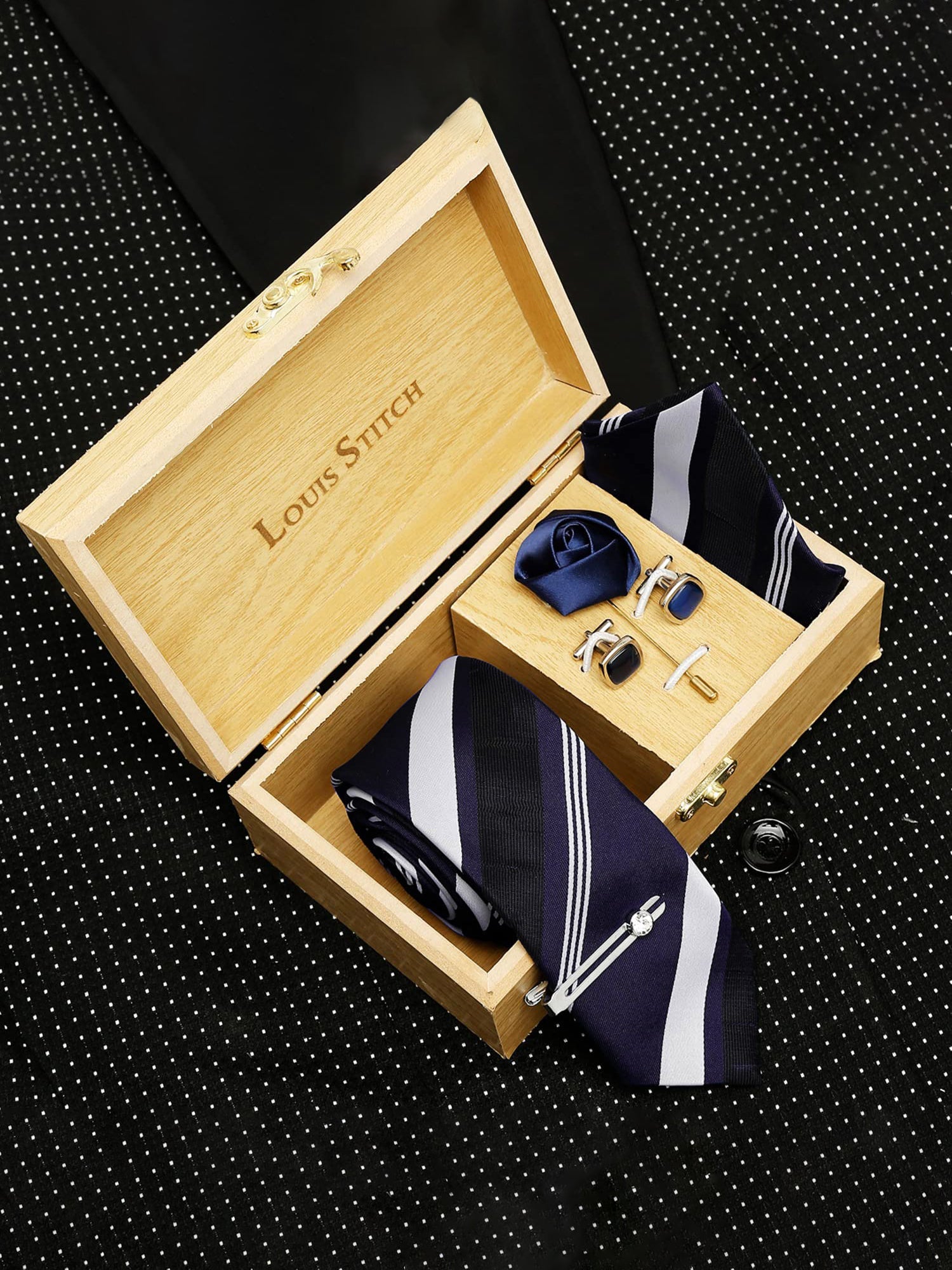 Lined Blue Stripes Luxury Italian Silk Necktie Set With Pocket Square Cufflinks Brooch Chrome Tie pin