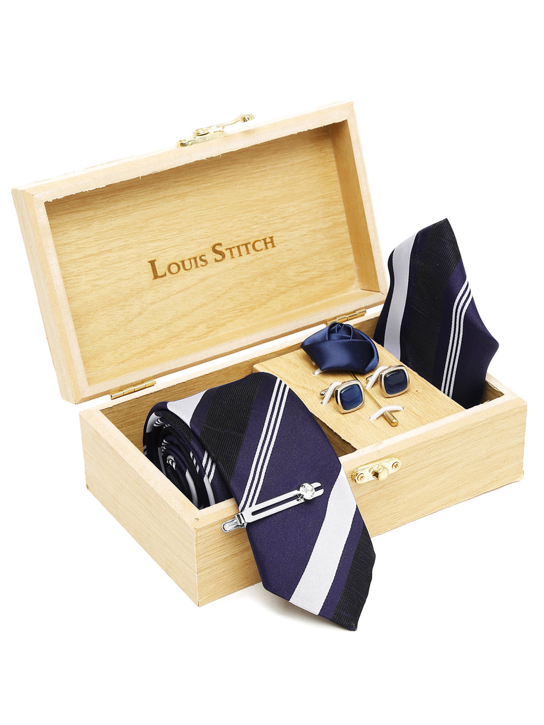 Lined Blue Stripes Luxury Italian Silk Necktie Set With Pocket Square Cufflinks Brooch Chrome Tie pin