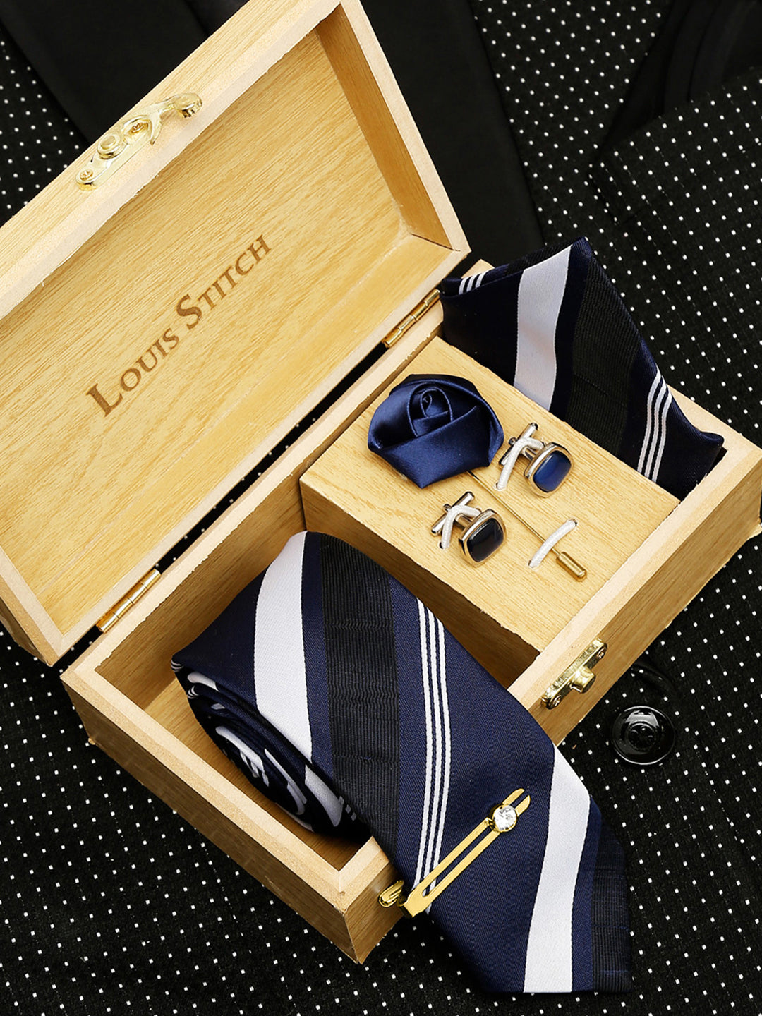 Lined Blue Stripes Luxury Italian Silk Necktie Set With Pocket Square Cufflinks Brooch Gold Tie pin