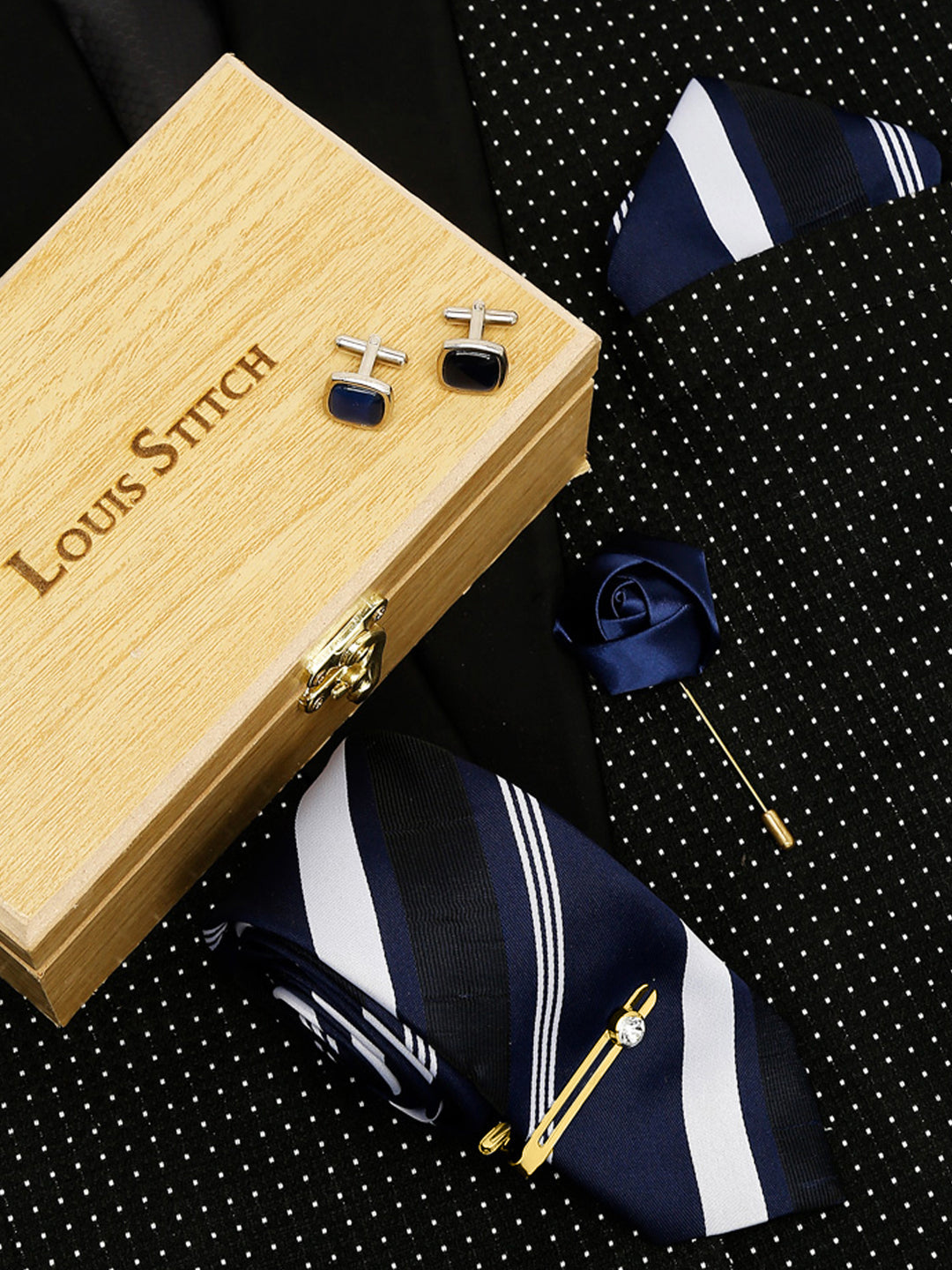 Lined Blue Stripes Luxury Italian Silk Necktie Set With Pocket Square Cufflinks Brooch Gold Tie pin