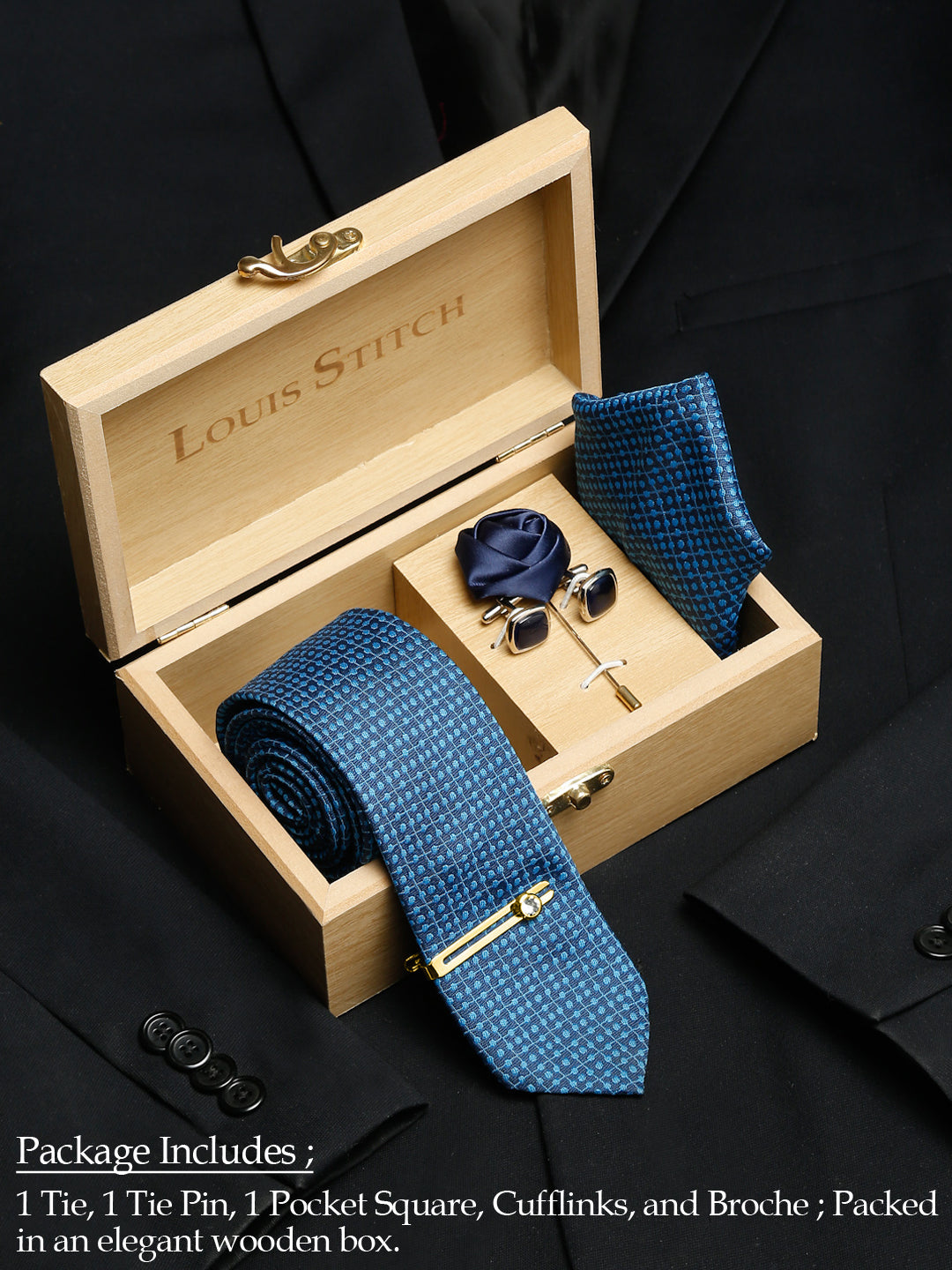 Polka Dotted Blue Luxury Italian Silk Necktie Set With Pocket Square Cufflinks Brooch Gold Tie pin