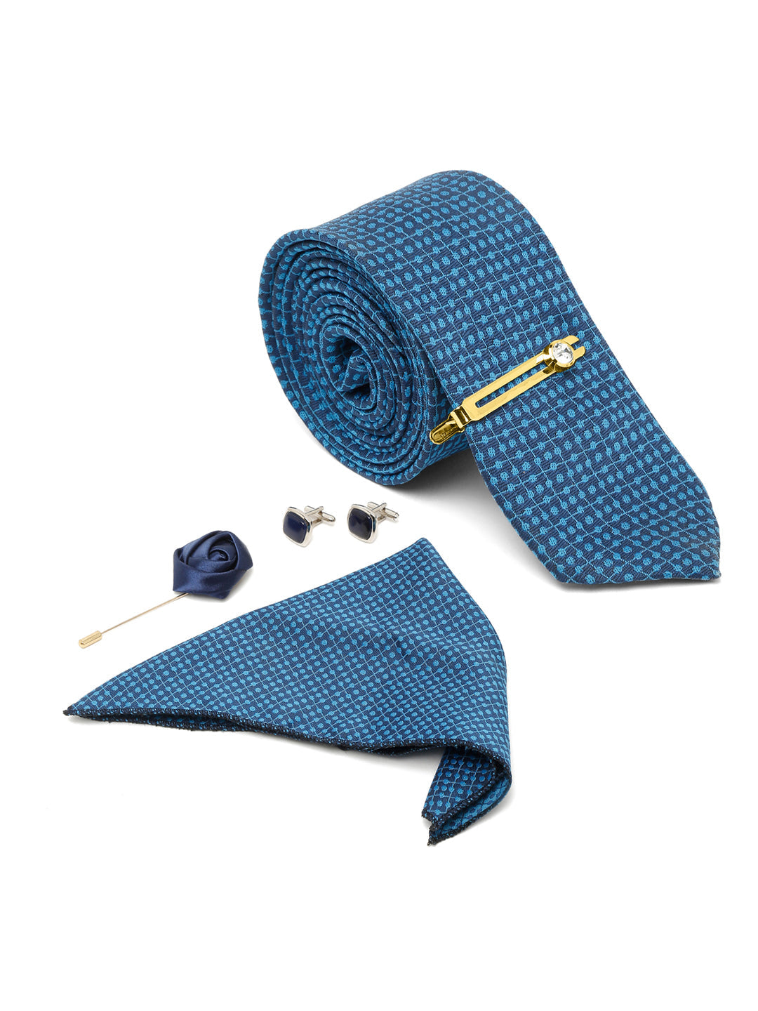 Polka Dotted Blue Luxury Italian Silk Necktie Set With Pocket Square Cufflinks Brooch Gold Tie pin