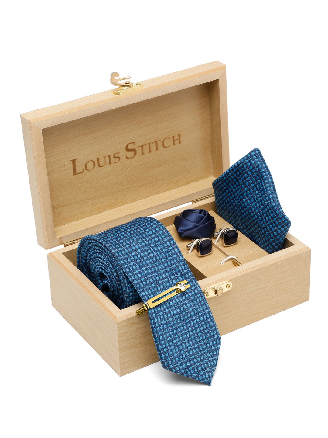 Polka Dotted Blue Luxury Italian Silk Necktie Set With Pocket Square Cufflinks Brooch Gold Tie pin