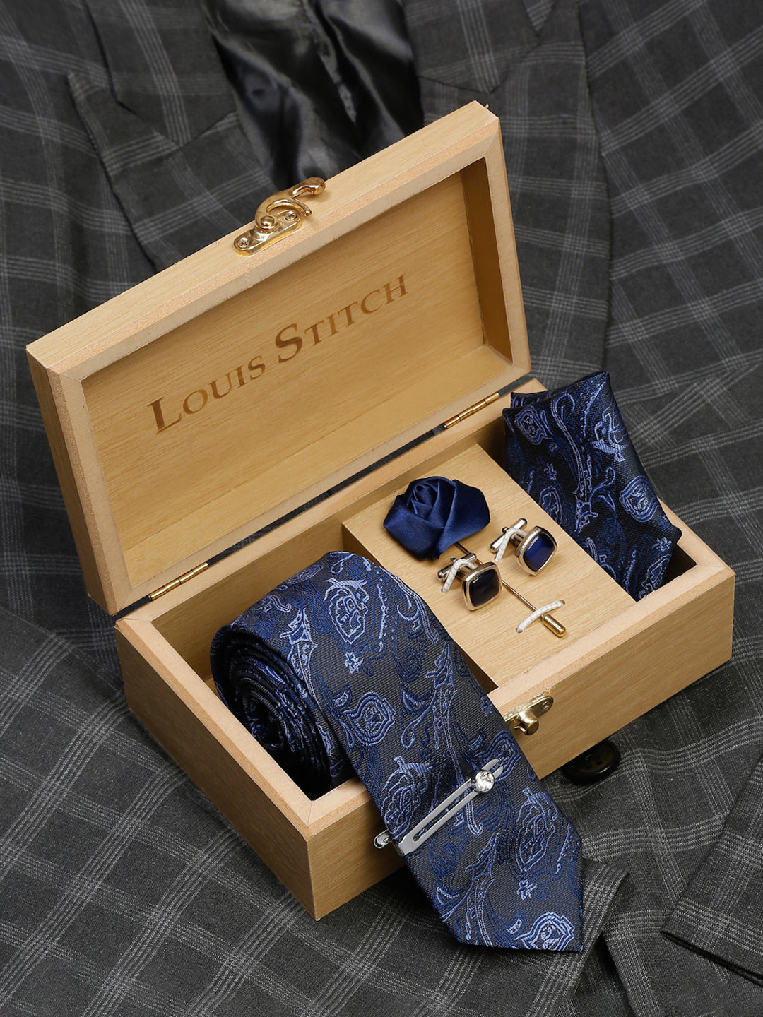 Royal Blue Luxury Italian Silk Necktie Set With Pocket Square Cufflinks Brooch Chrome Tie pin
