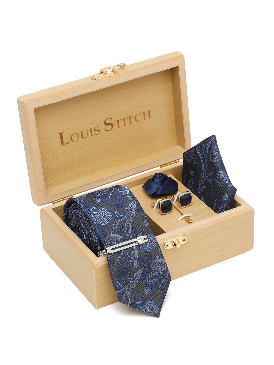 Royal Blue Luxury Italian Silk Necktie Set With Pocket Square Cufflinks Brooch Chrome Tie pin