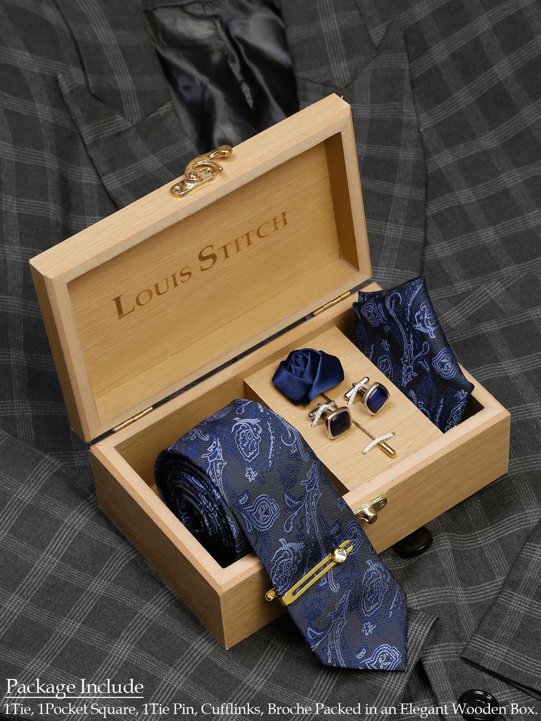 Royal Blue Luxury Italian Silk Necktie Set With Pocket Square Cufflinks Brooch Gold Tie pin
