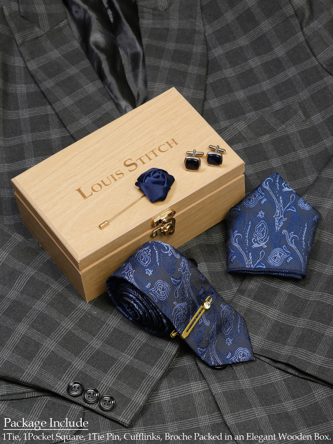 Royal Blue Luxury Italian Silk Necktie Set With Pocket Square Cufflinks Brooch Gold Tie pin