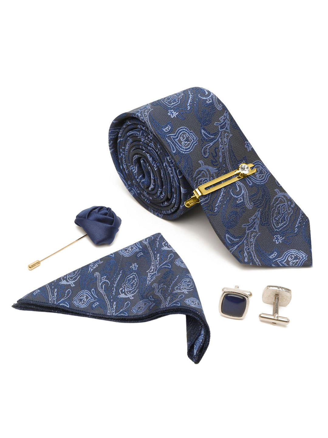 Royal Blue Luxury Italian Silk Necktie Set With Pocket Square Cufflinks Brooch Gold Tie pin