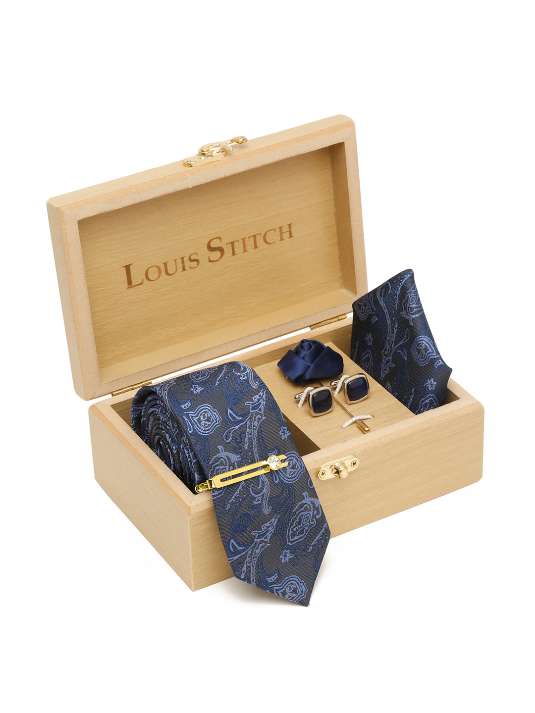 Royal Blue Luxury Italian Silk Necktie Set With Pocket Square Cufflinks Brooch Gold Tie pin