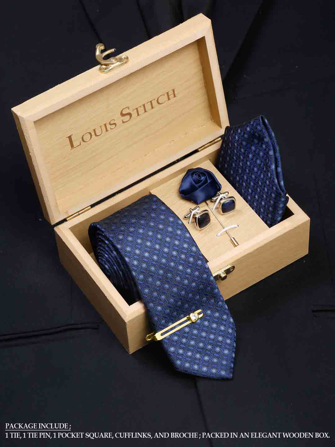 Admiral Blue Luxury Italian Silk Necktie Set With Pocket Square Cufflinks Brooch Gold Tie pin