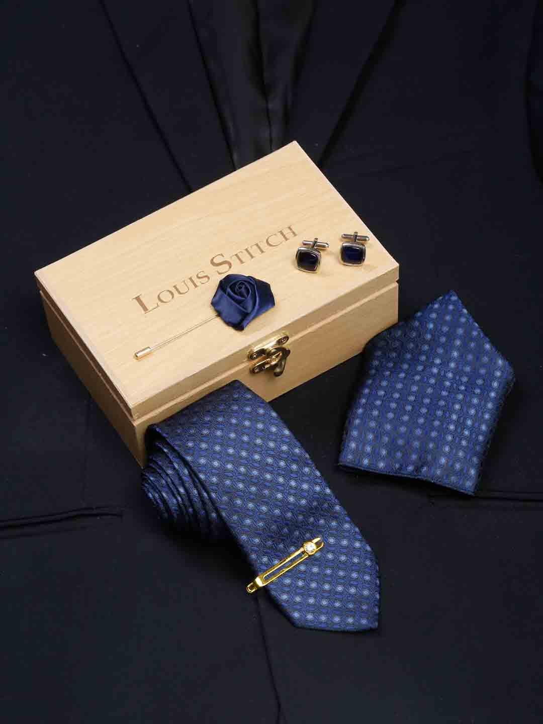 Admiral Blue Luxury Italian Silk Necktie Set With Pocket Square Cufflinks Brooch Gold Tie pin