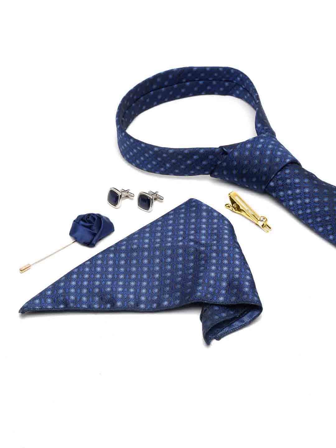 Admiral Blue Luxury Italian Silk Necktie Set With Pocket Square Cufflinks Brooch Gold Tie pin