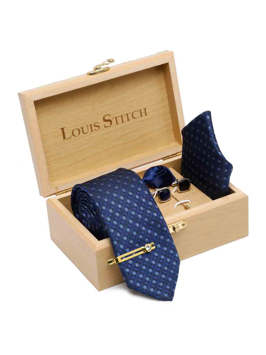 Admiral Blue Luxury Italian Silk Necktie Set With Pocket Square Cufflinks Brooch Gold Tie pin