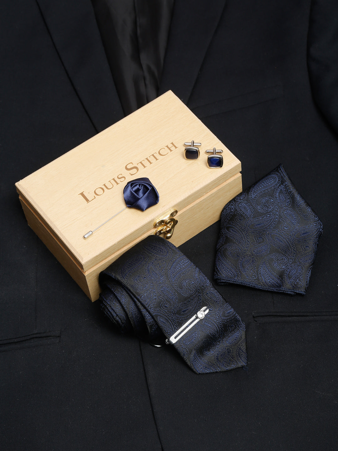 Space Blue Luxury Italian Silk Necktie Set With Pocket Square Cufflinks Brooch Chrome Tie pin