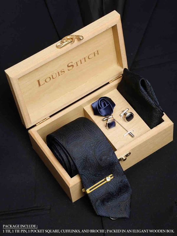  Space Blue Luxury Italian Silk Necktie Set With Pocket Square Cufflinks Brooch Gold Tie pin