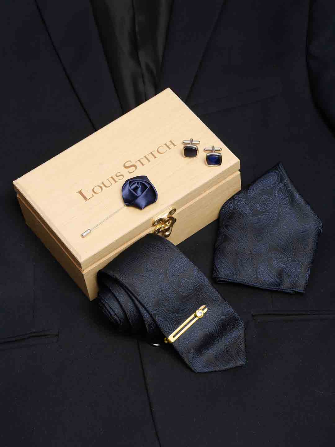 Space Blue Luxury Italian Silk Necktie Set With Pocket Square Cufflinks Brooch Gold Tie pin