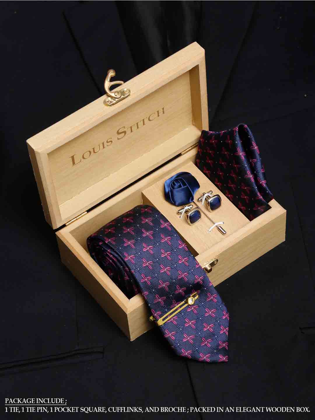 Indigo Blue Luxury Italian Silk Necktie Set With Pocket Square Cufflinks Brooch Gold Tie pin