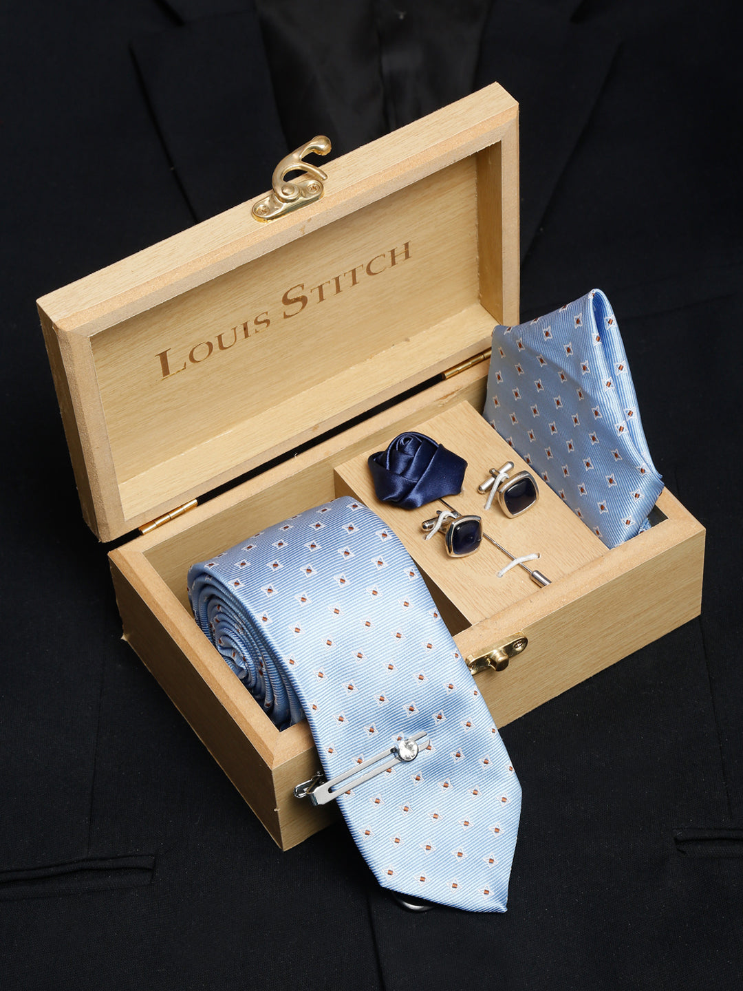 Baby Blue Luxury Italian Silk Necktie Set With Pocket Square Cufflinks Brooch Chrome Tie pin