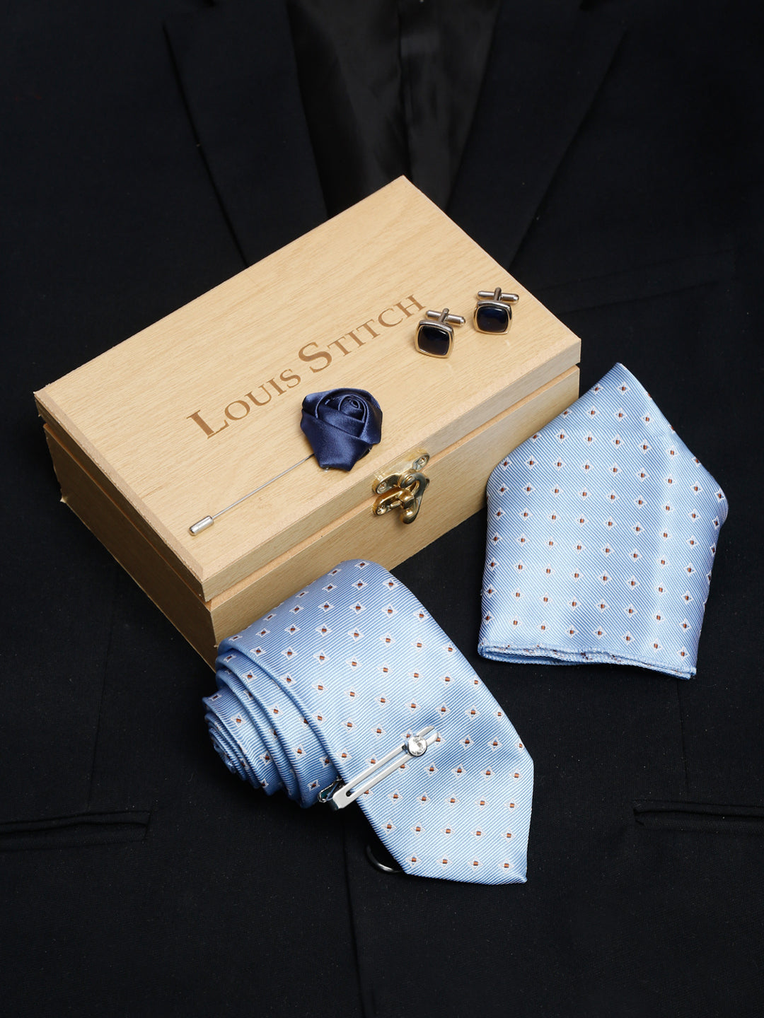 Baby Blue Luxury Italian Silk Necktie Set With Pocket Square Cufflinks Brooch Chrome Tie pin