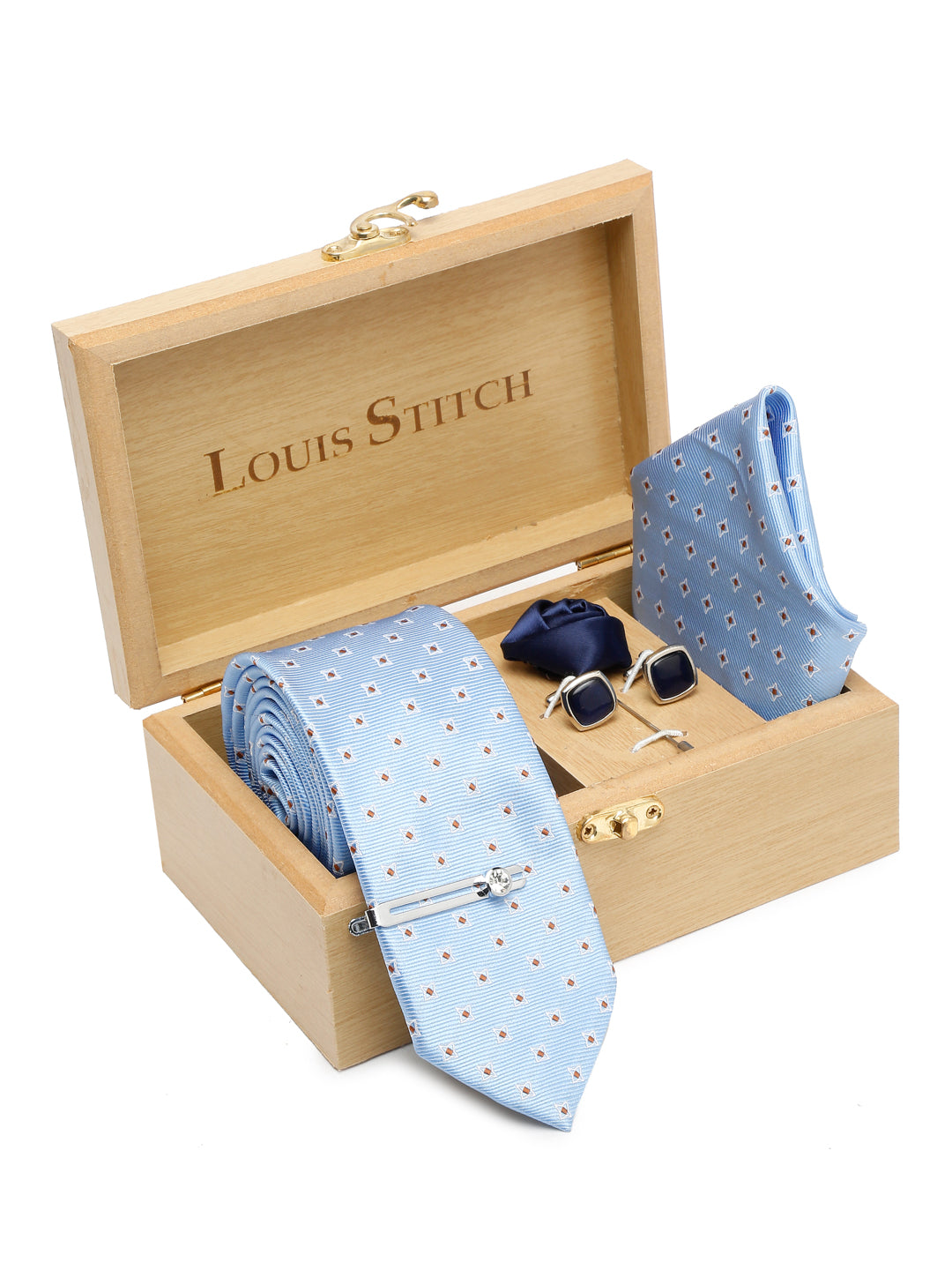 Baby Blue Luxury Italian Silk Necktie Set With Pocket Square Cufflinks Brooch Chrome Tie pin