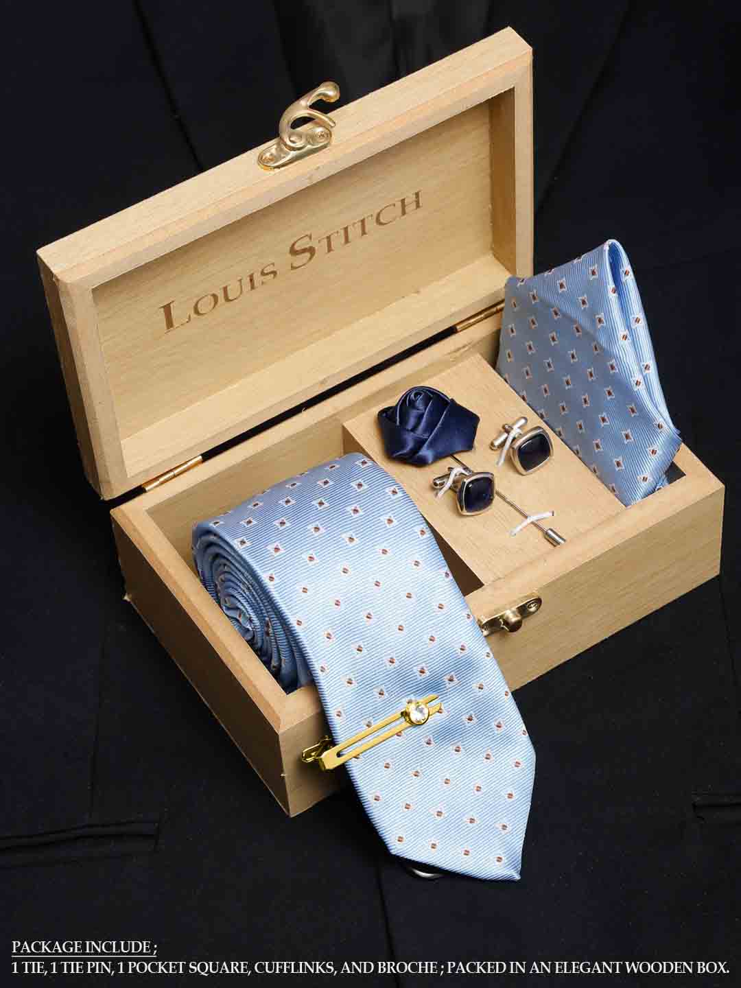 Baby Blue Luxury Italian Silk Necktie Set With Pocket Square Cufflinks Brooch Gold Tie pin