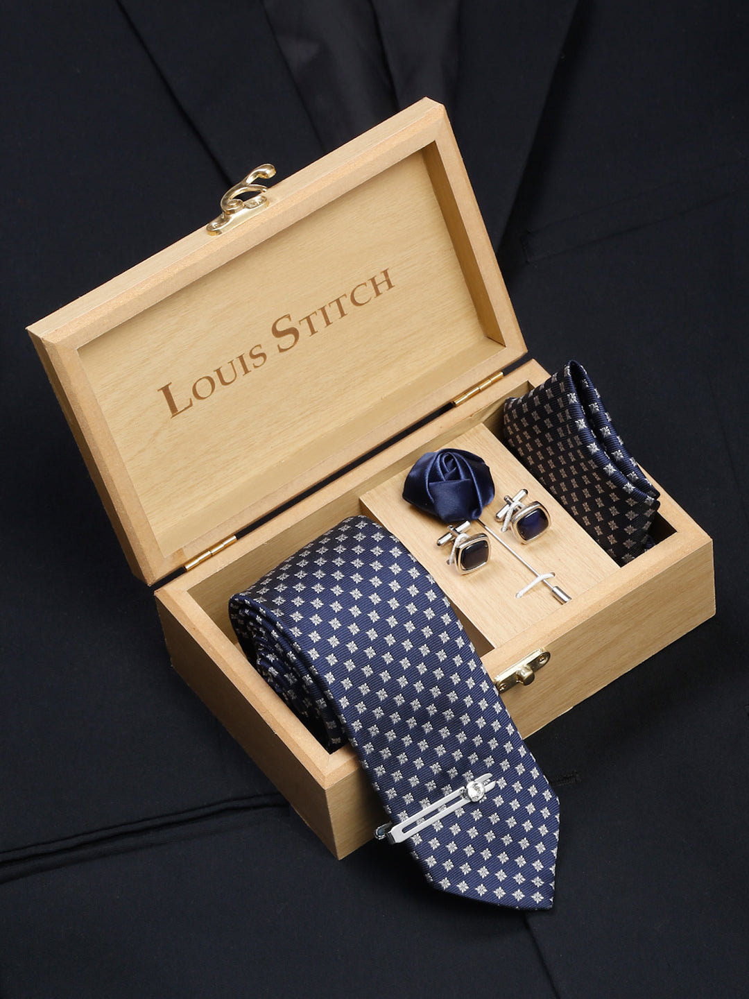 Aegean Blue Luxury Italian Silk Necktie Set With Pocket Square Cufflinks Brooch Chrome Tie pin