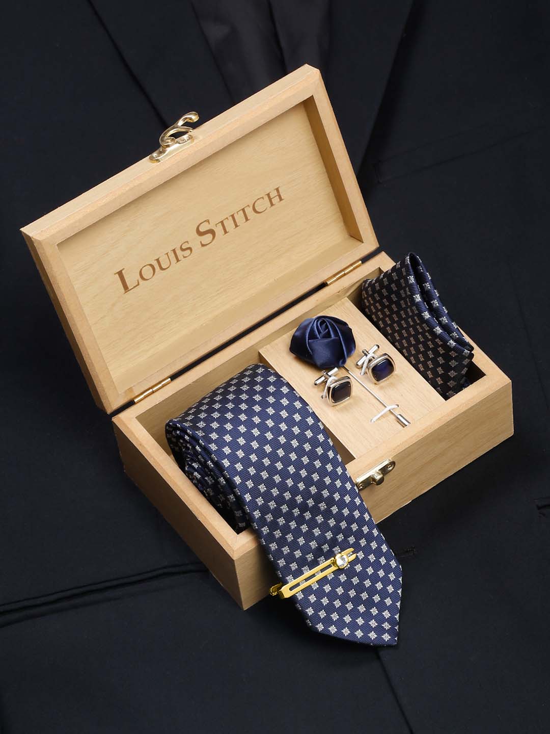 Aegean Blue Luxury Italian Silk Necktie Set With Pocket Square Cufflinks Brooch Gold Tie pin