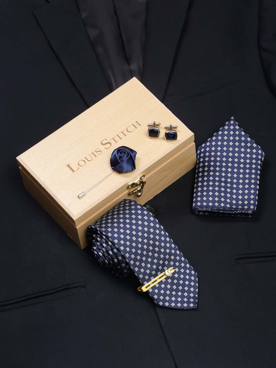 Aegean Blue Luxury Italian Silk Necktie Set With Pocket Square Cufflinks Brooch Gold Tie pin