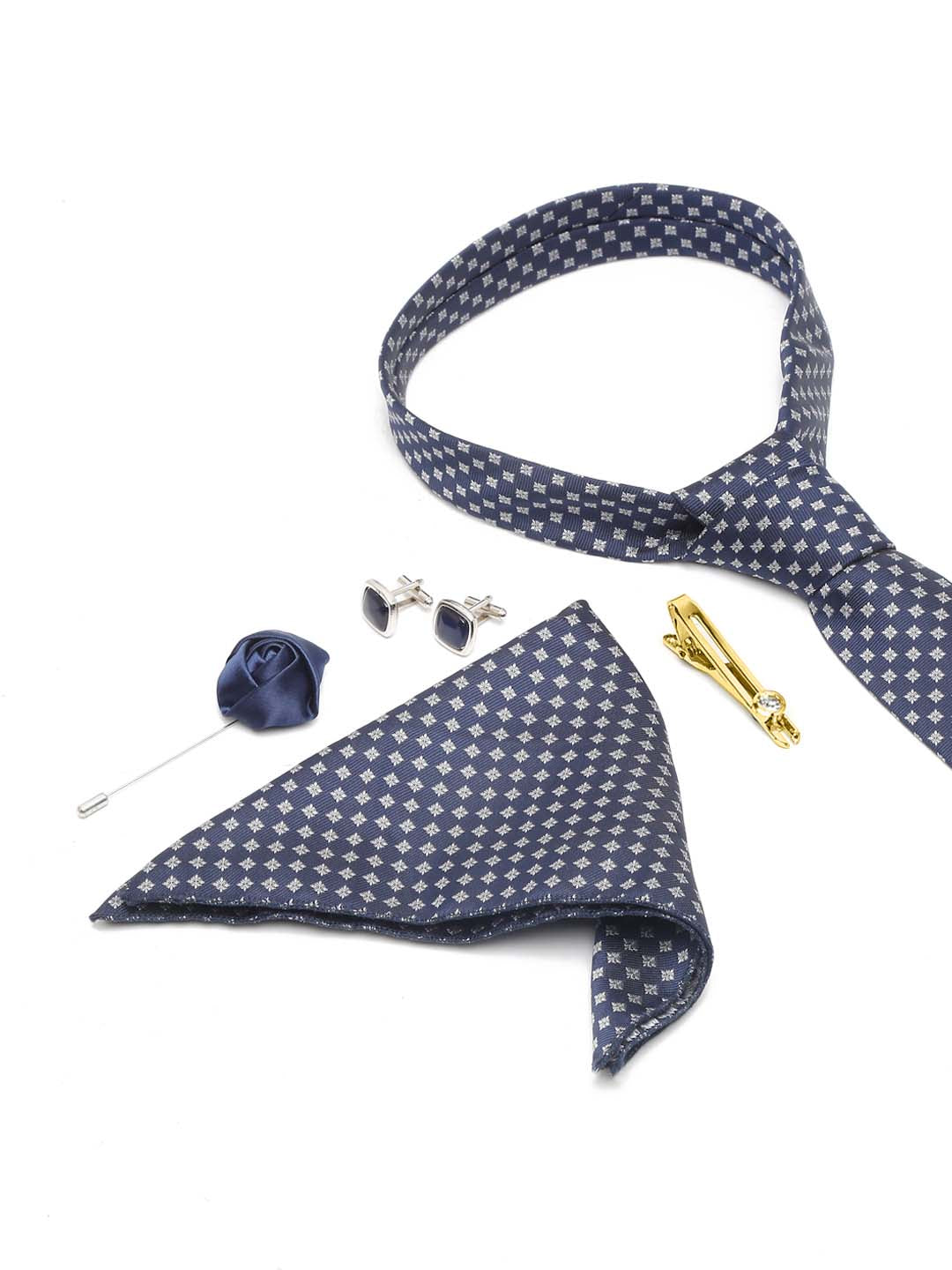 Aegean Blue Luxury Italian Silk Necktie Set With Pocket Square Cufflinks Brooch Gold Tie pin