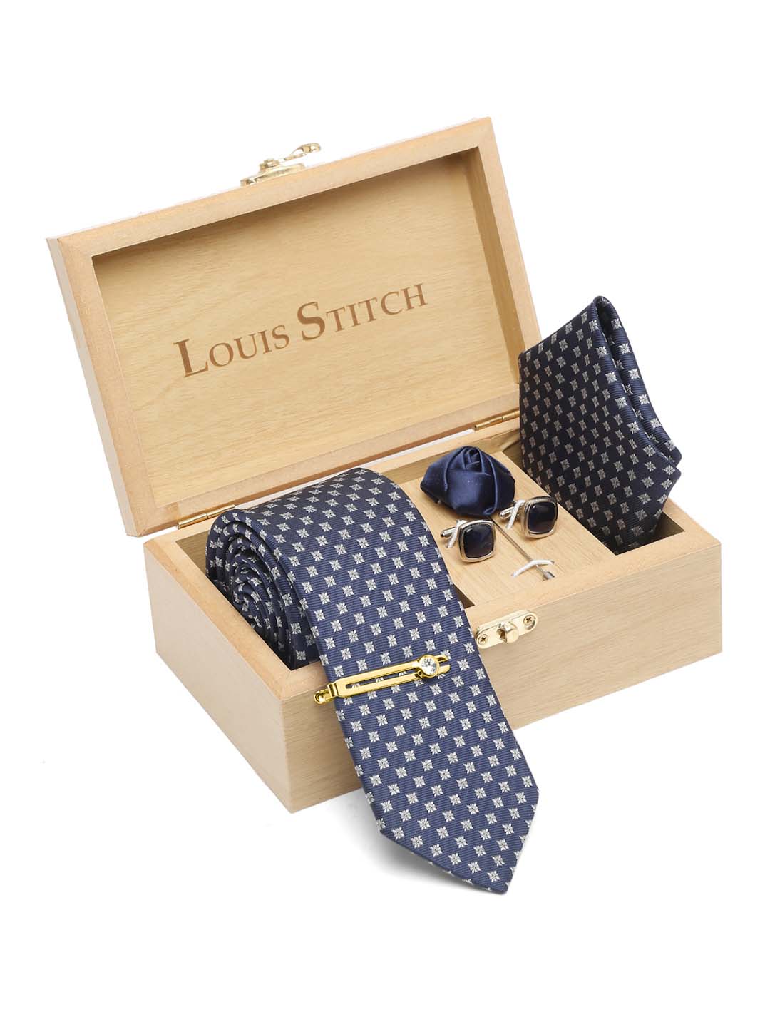 Aegean Blue Luxury Italian Silk Necktie Set With Pocket Square Cufflinks Brooch Gold Tie pin