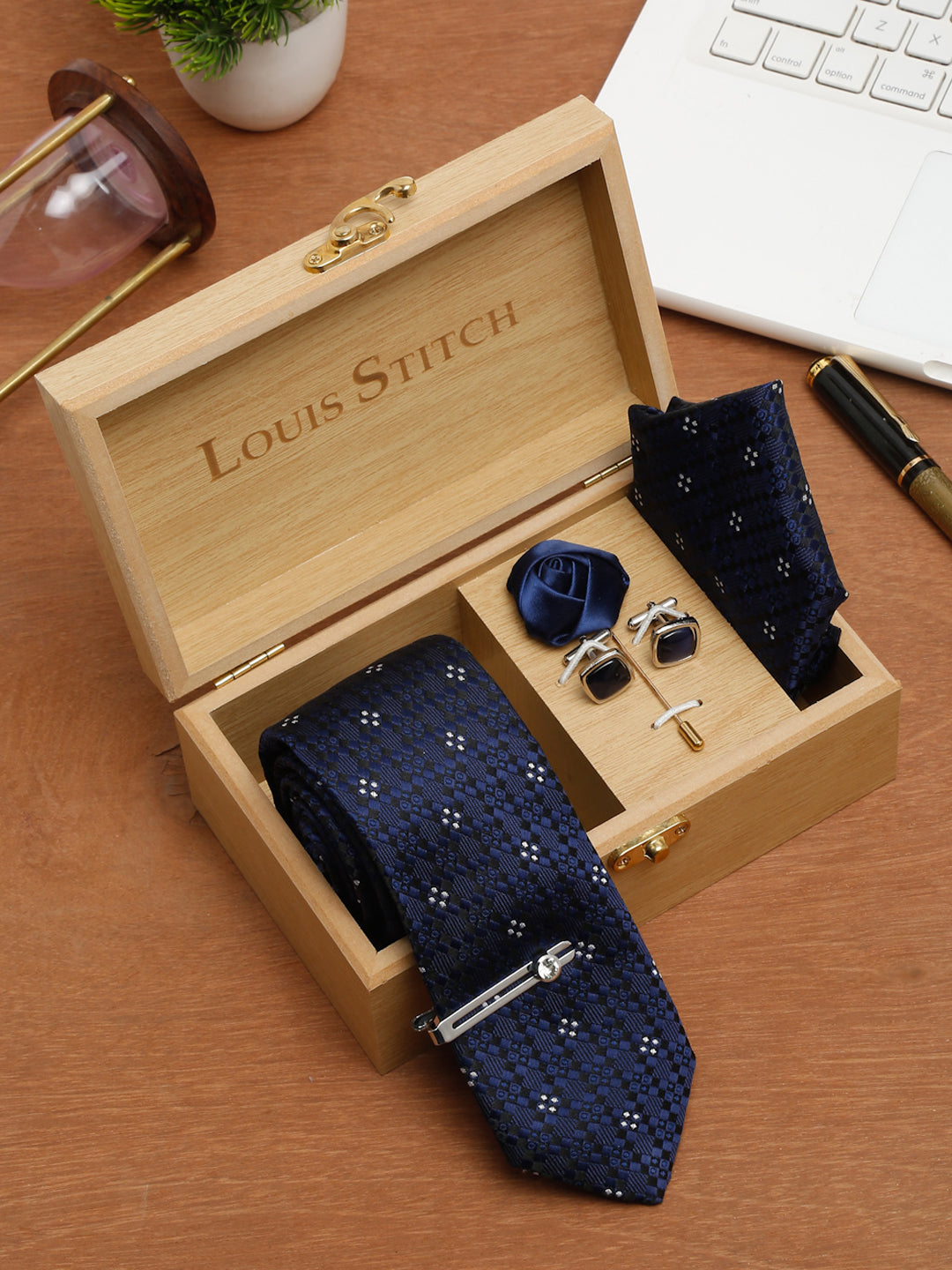 Denim Blue Luxury Italian Silk Necktie Set With Pocket Square Cufflinks Brooch Chrome Tie pin