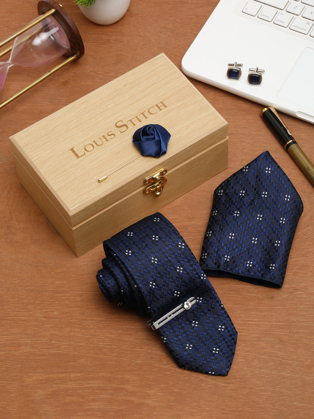 Denim Blue Luxury Italian Silk Necktie Set With Pocket Square Cufflinks Brooch Chrome Tie pin