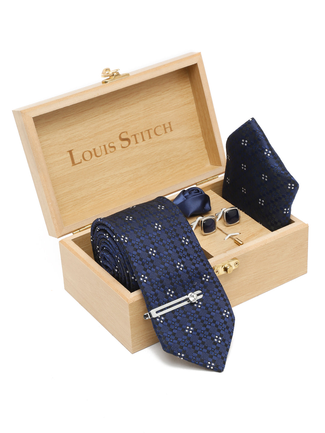 Denim Blue Luxury Italian Silk Necktie Set With Pocket Square Cufflinks Brooch Chrome Tie pin
