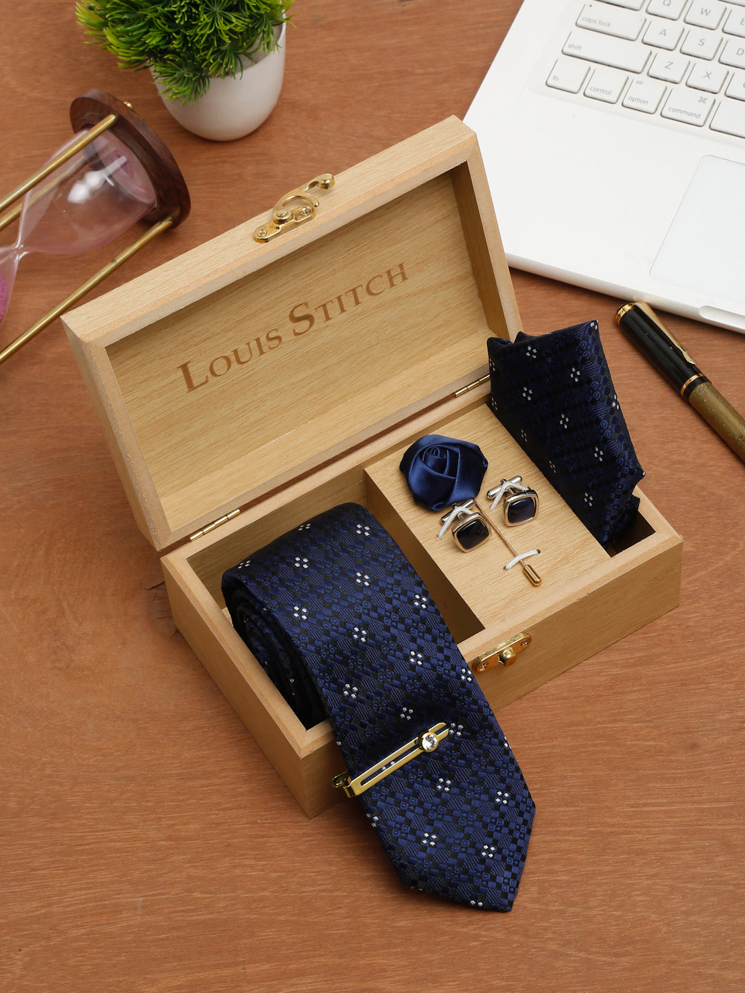 Denim Blue Luxury Italian Silk Necktie Set With Pocket Square Cufflinks Brooch Gold Tie pin