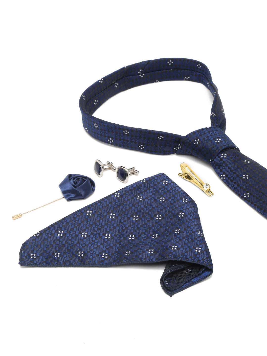 Denim Blue Luxury Italian Silk Necktie Set With Pocket Square Cufflinks Brooch Gold Tie pin