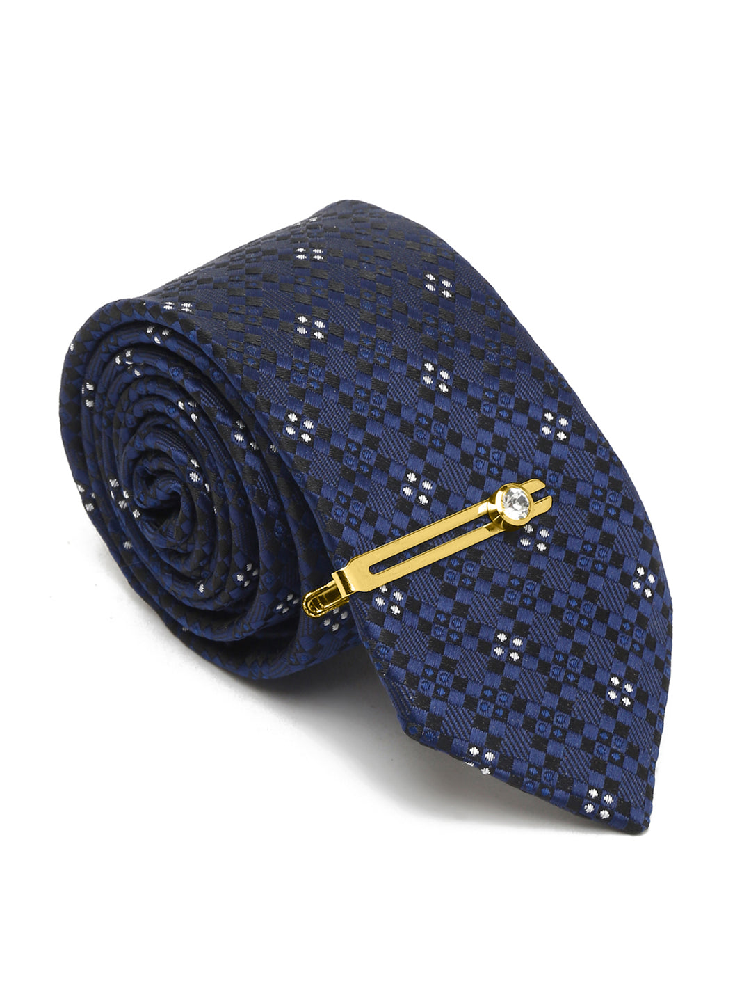 Denim Blue Luxury Italian Silk Necktie Set With Pocket Square Cufflinks Brooch Gold Tie pin