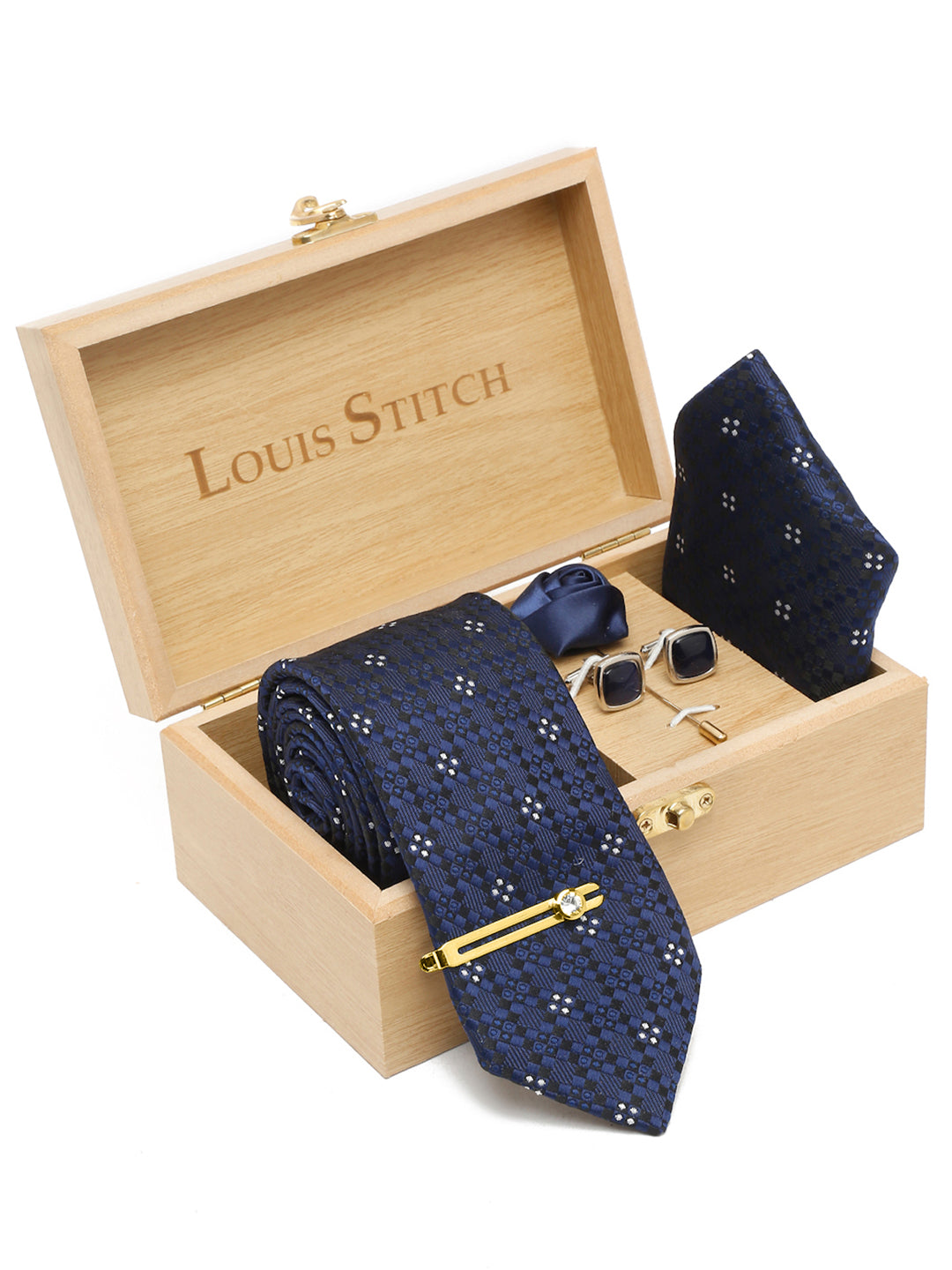 Denim Blue Luxury Italian Silk Necktie Set With Pocket Square Cufflinks Brooch Gold Tie pin