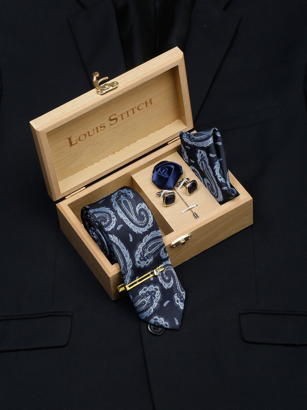 Turquoise Blue Luxury Italian Silk Necktie Set With Pocket Square Cufflinks Brooch Gold Tie pin
