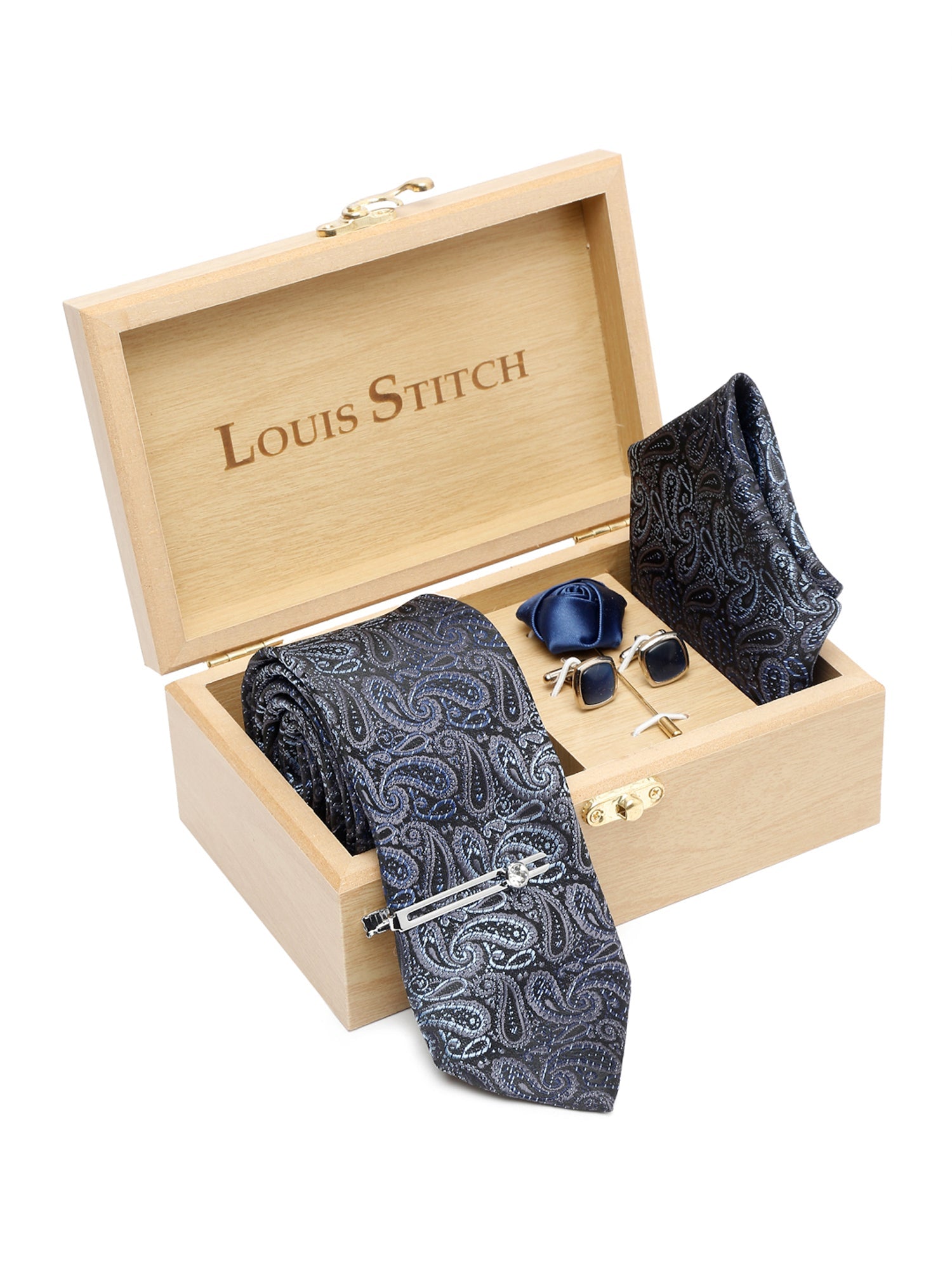 Spruce Blue Luxury Italian Silk Necktie Set With Pocket Square Cufflinks Brooch Chrome Tie pin