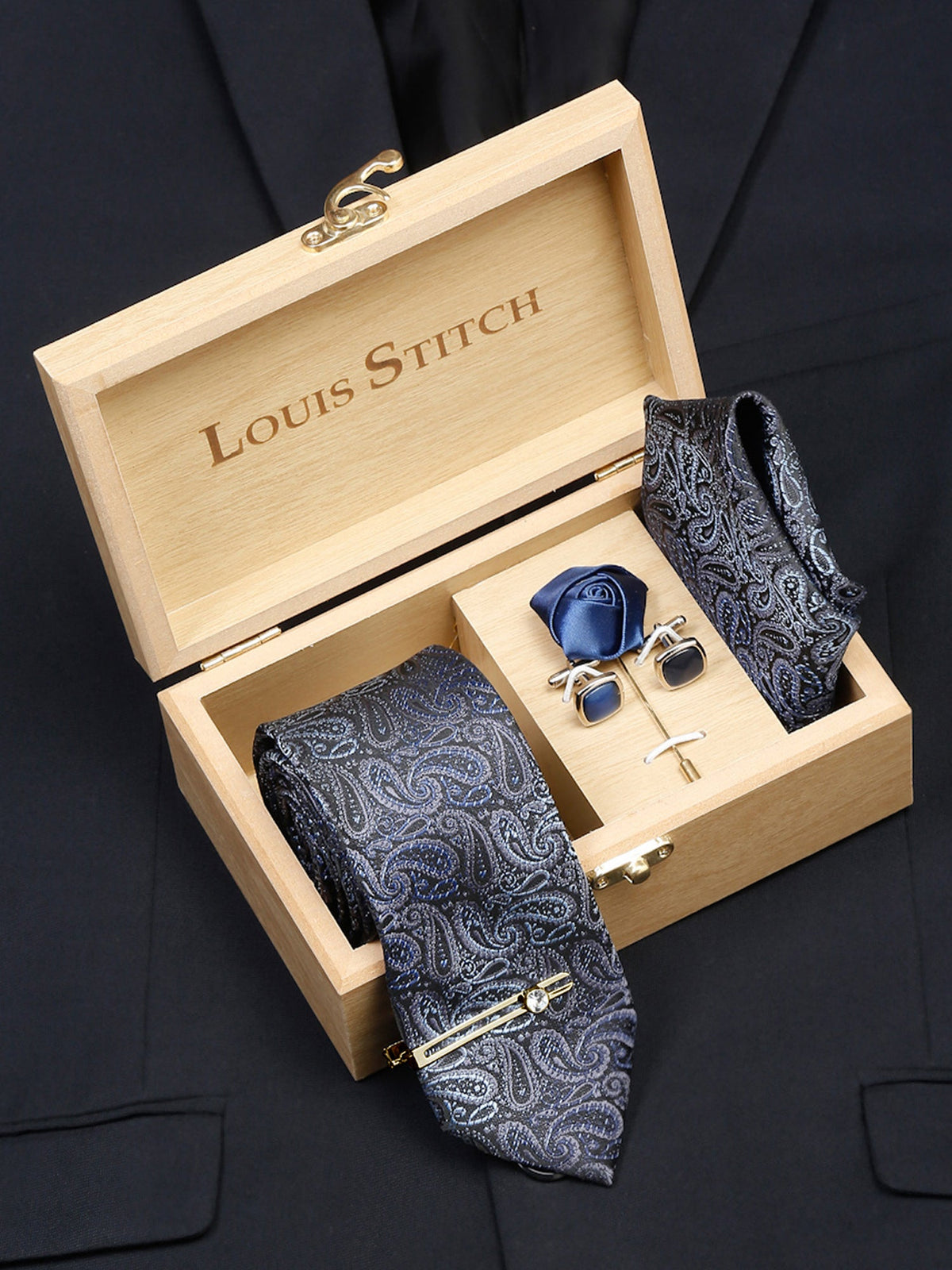 Spruce Blue Luxury Italian Silk Necktie Set With Pocket Square Cufflinks Brooch Gold Tie pin