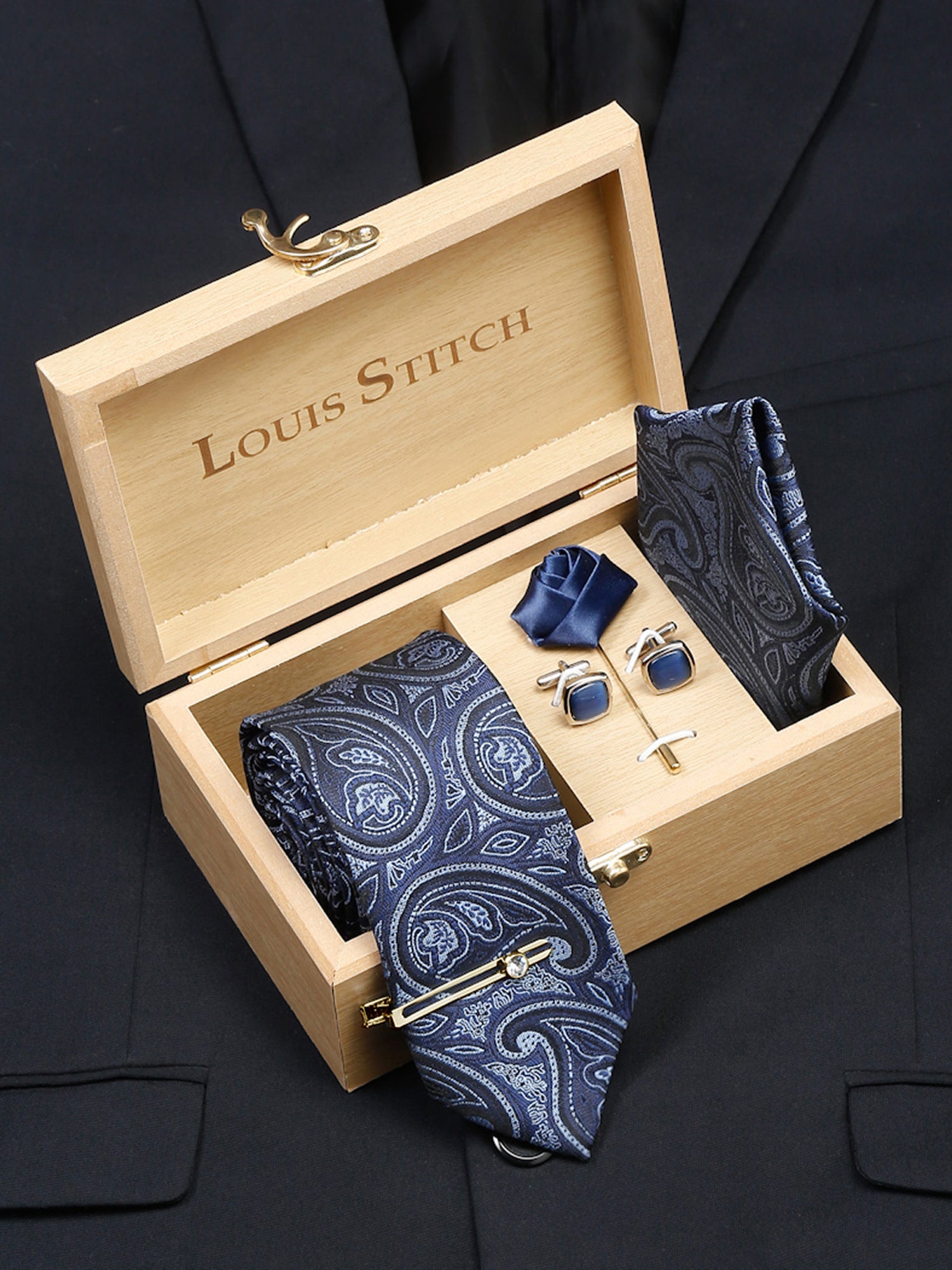 Yale Blue Luxury Italian Silk Necktie Set With Pocket Square Cufflinks Brooch Gold Tie pin