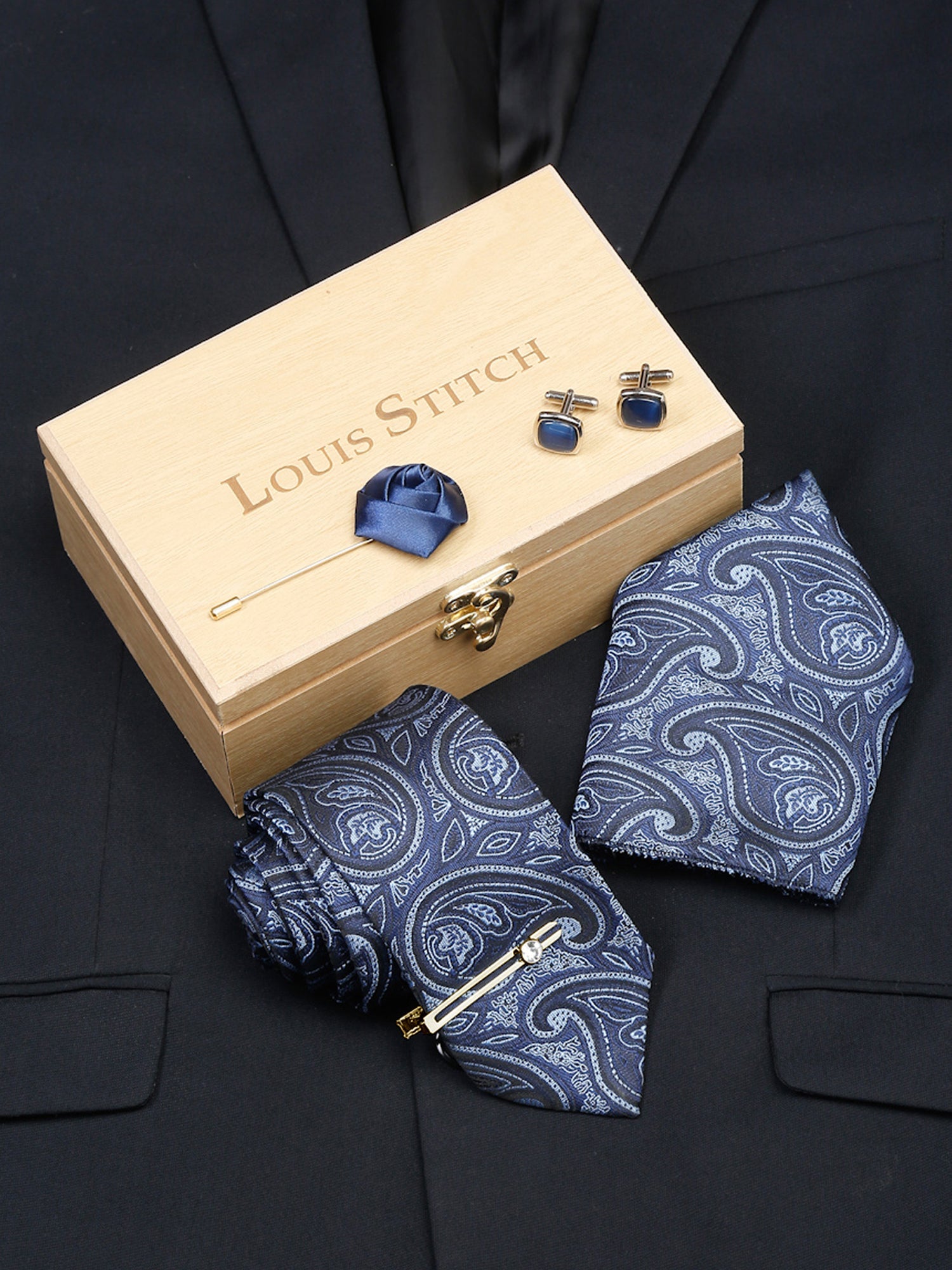 Yale Blue Luxury Italian Silk Necktie Set With Pocket Square Cufflinks Brooch Gold Tie pin