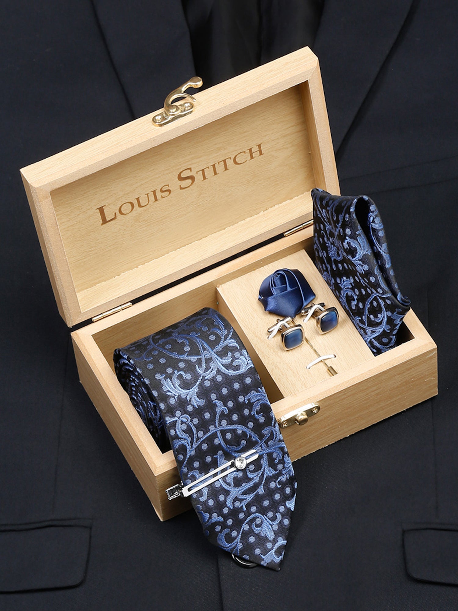 Prussian Blue Luxury Italian Silk Necktie Set With Pocket Square Cufflinks Brooch Chrome Tie pin