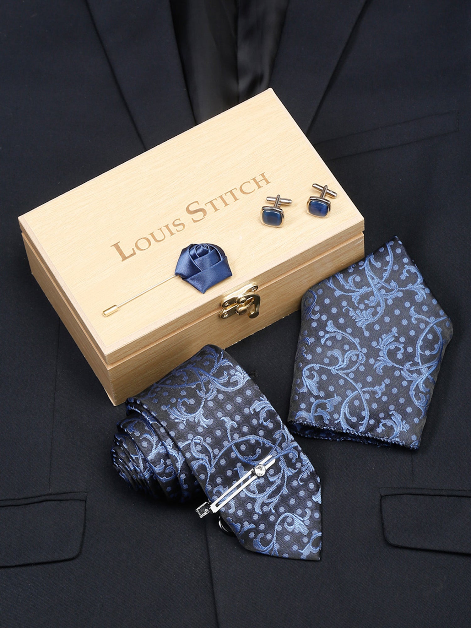 Prussian Blue Luxury Italian Silk Necktie Set With Pocket Square Cufflinks Brooch Chrome Tie pin