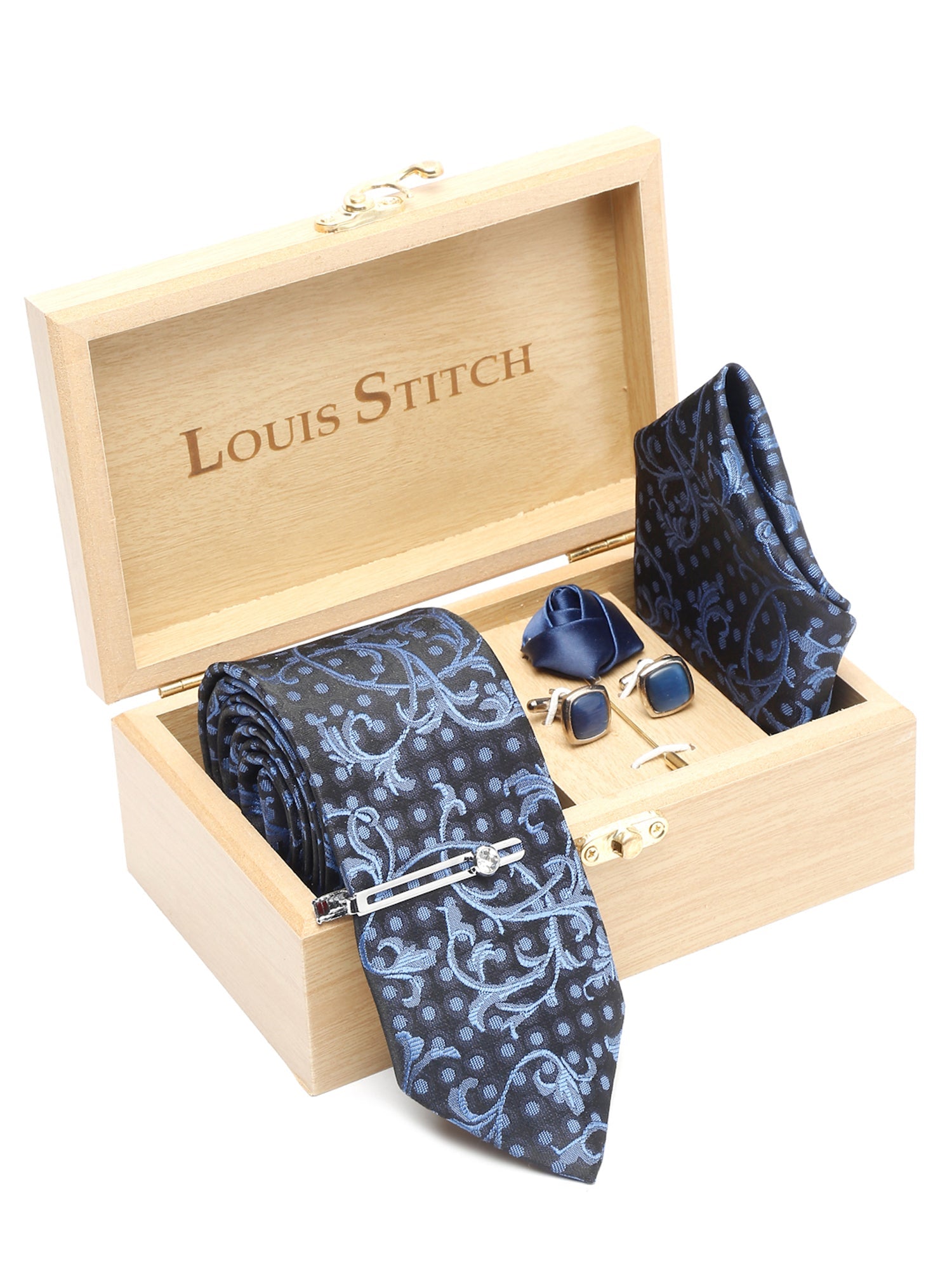 Prussian Blue Luxury Italian Silk Necktie Set With Pocket Square Cufflinks Brooch Chrome Tie pin