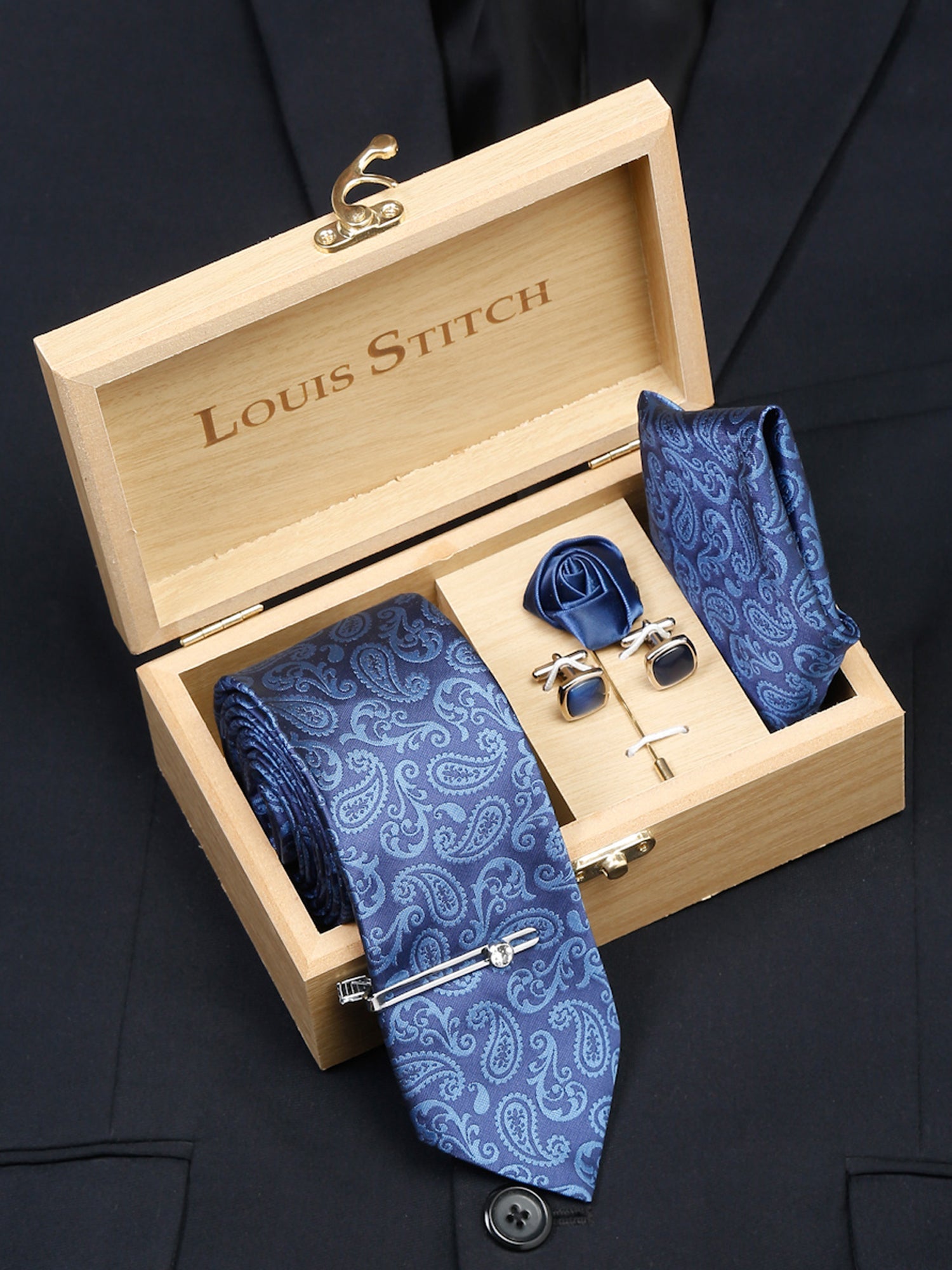 Cobalt Blue Luxury Italian Silk Necktie Set With Pocket Square Cufflinks Brooch Chrome Tie pin