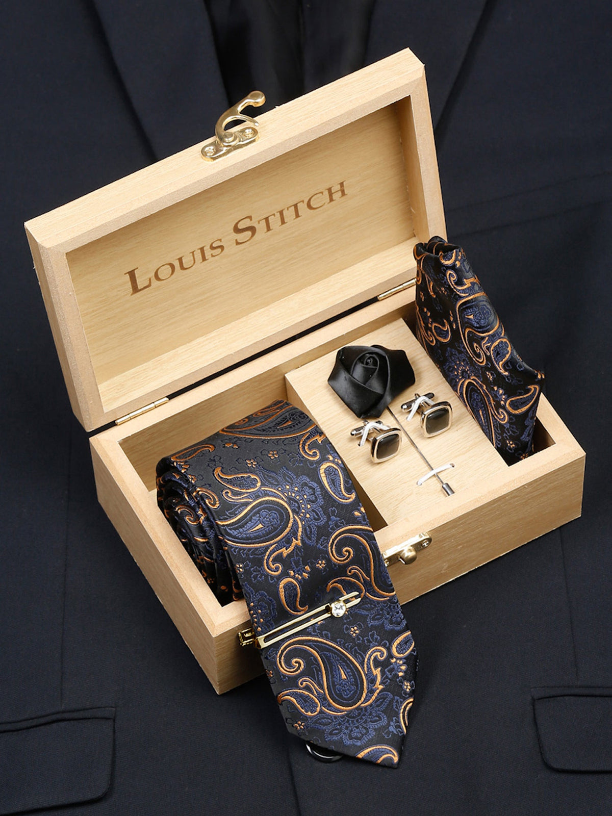 Sapphire Blue Luxury Italian Silk Necktie Set With Pocket Square Cufflinks Brooch Gold Tie pin