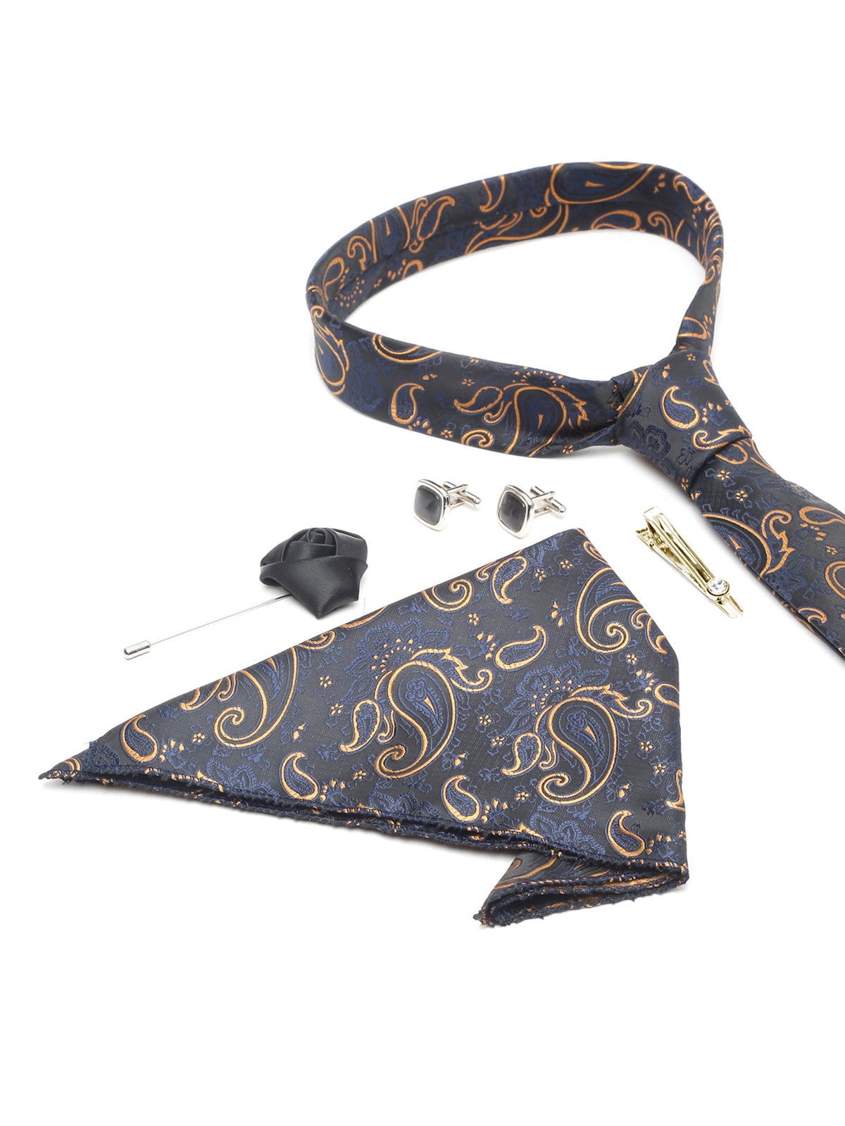 Sapphire Blue Luxury Italian Silk Necktie Set With Pocket Square Cufflinks Brooch Gold Tie pin