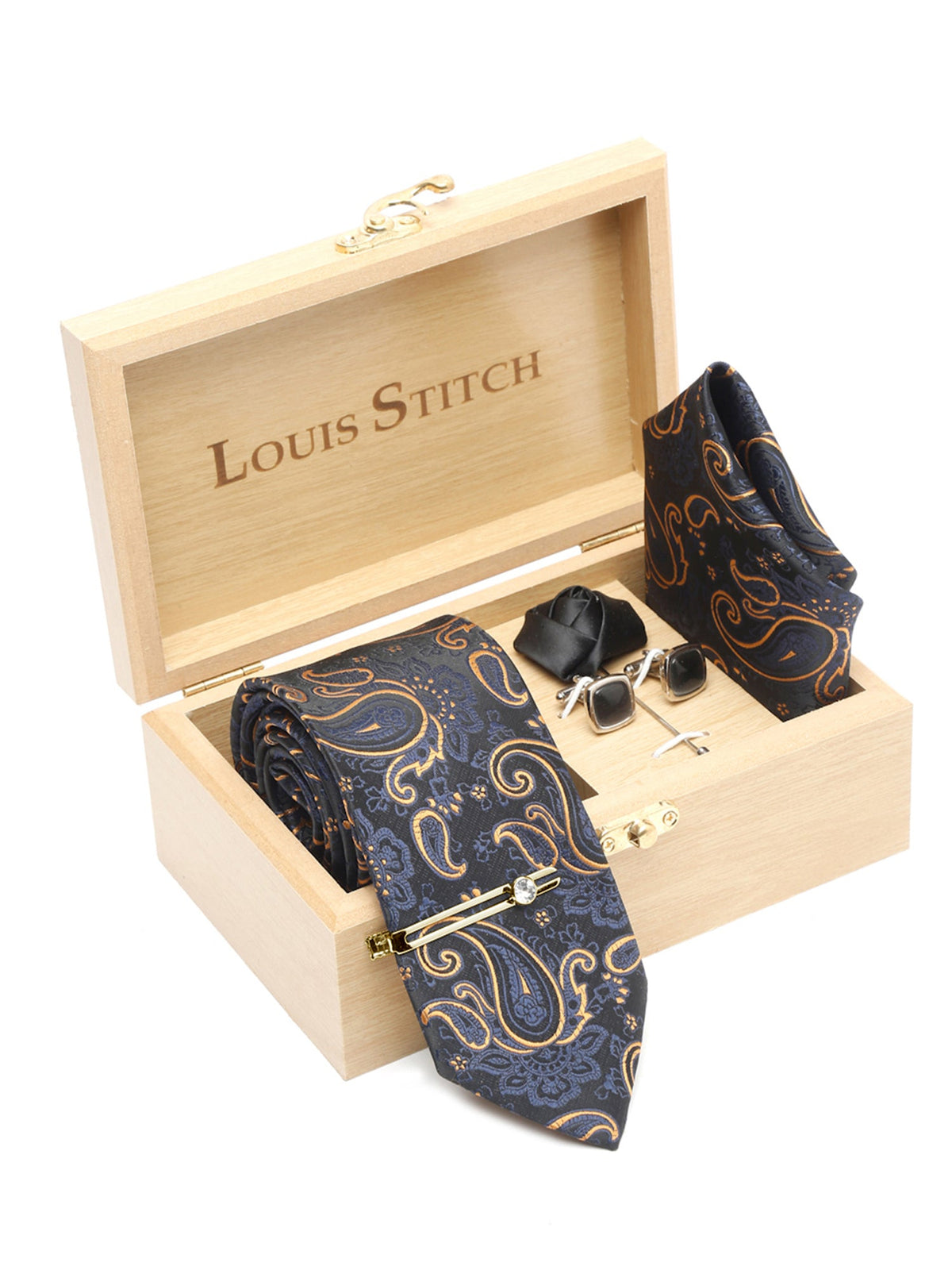 Sapphire Blue Luxury Italian Silk Necktie Set With Pocket Square Cufflinks Brooch Gold Tie pin