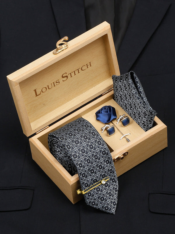 Denim Blue Italian Silk Necktie Set Pocket Square Golden Tiepin cufflinks and Brooch